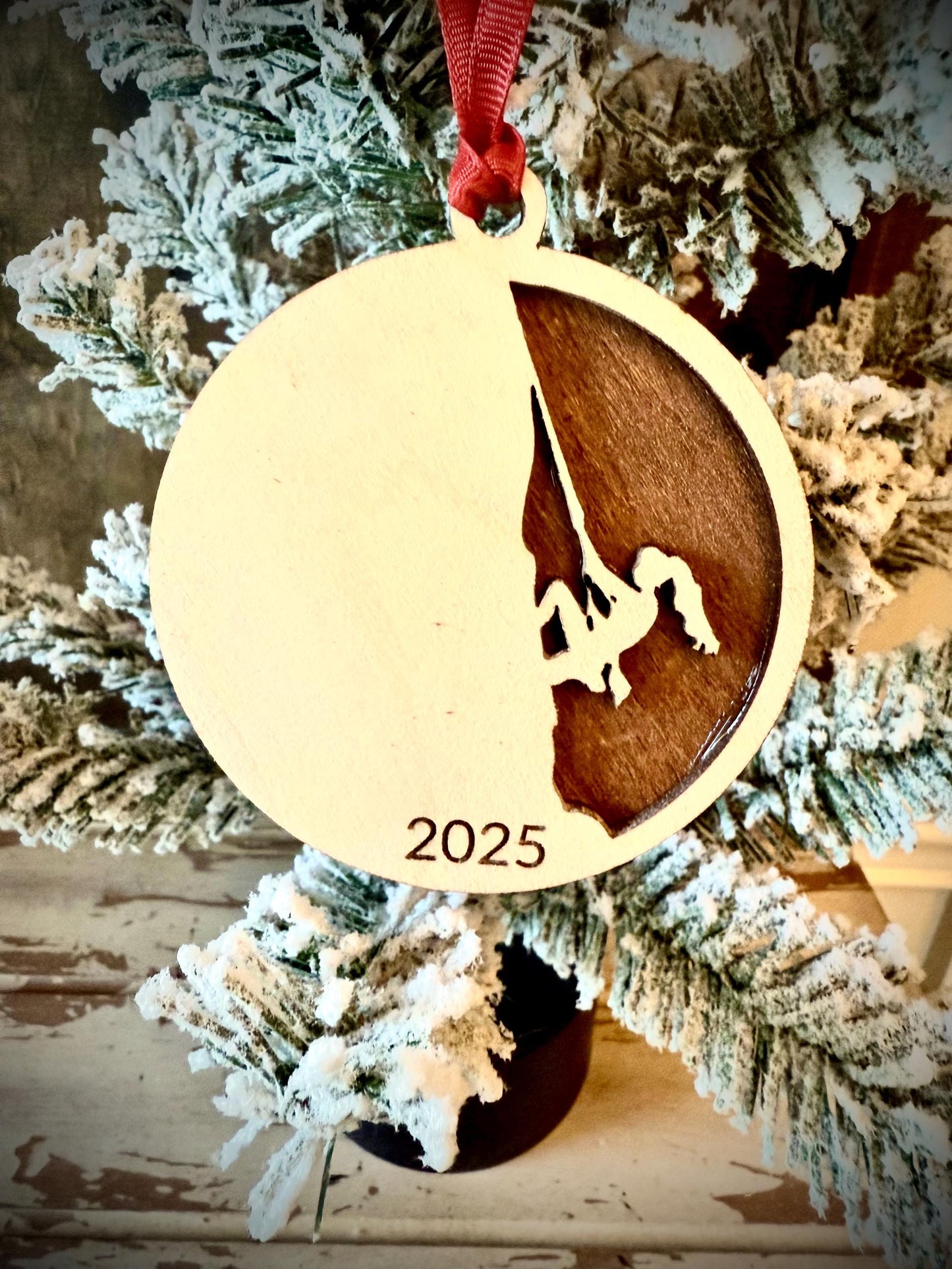 Female Rock Climbing Rappelling Personalized 2-Layer Wood Christmas Ornament & Gift Tag | Multiple Finishes | Climbing Gift