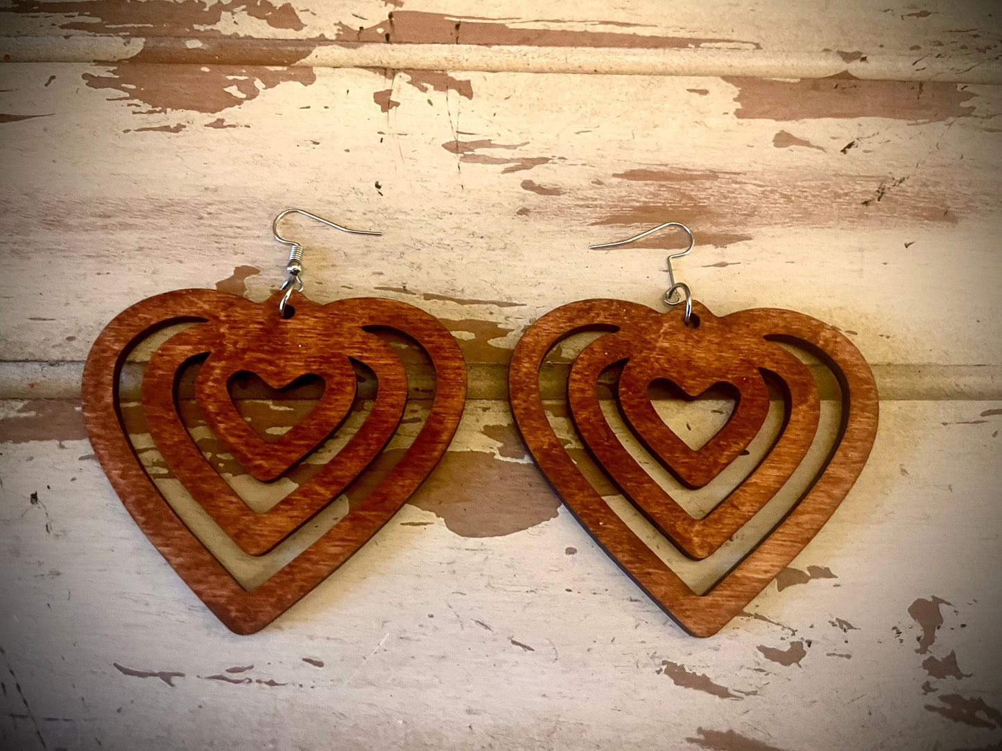 Layered Heart Wood Dangle Earrings | 3 Sizes, 12 Finishes | Valentine's Gift