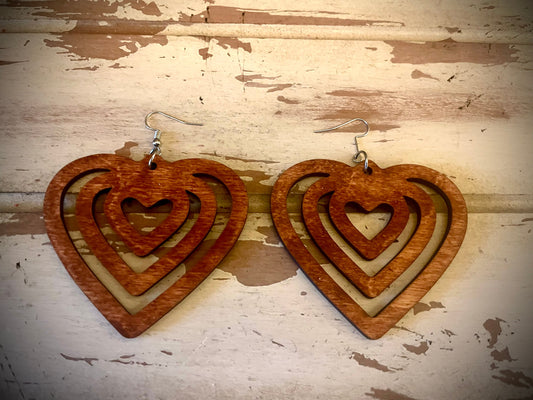 Layered Heart Wood Dangle Earrings | 3 Sizes, 12 Finishes | Valentine's Gift