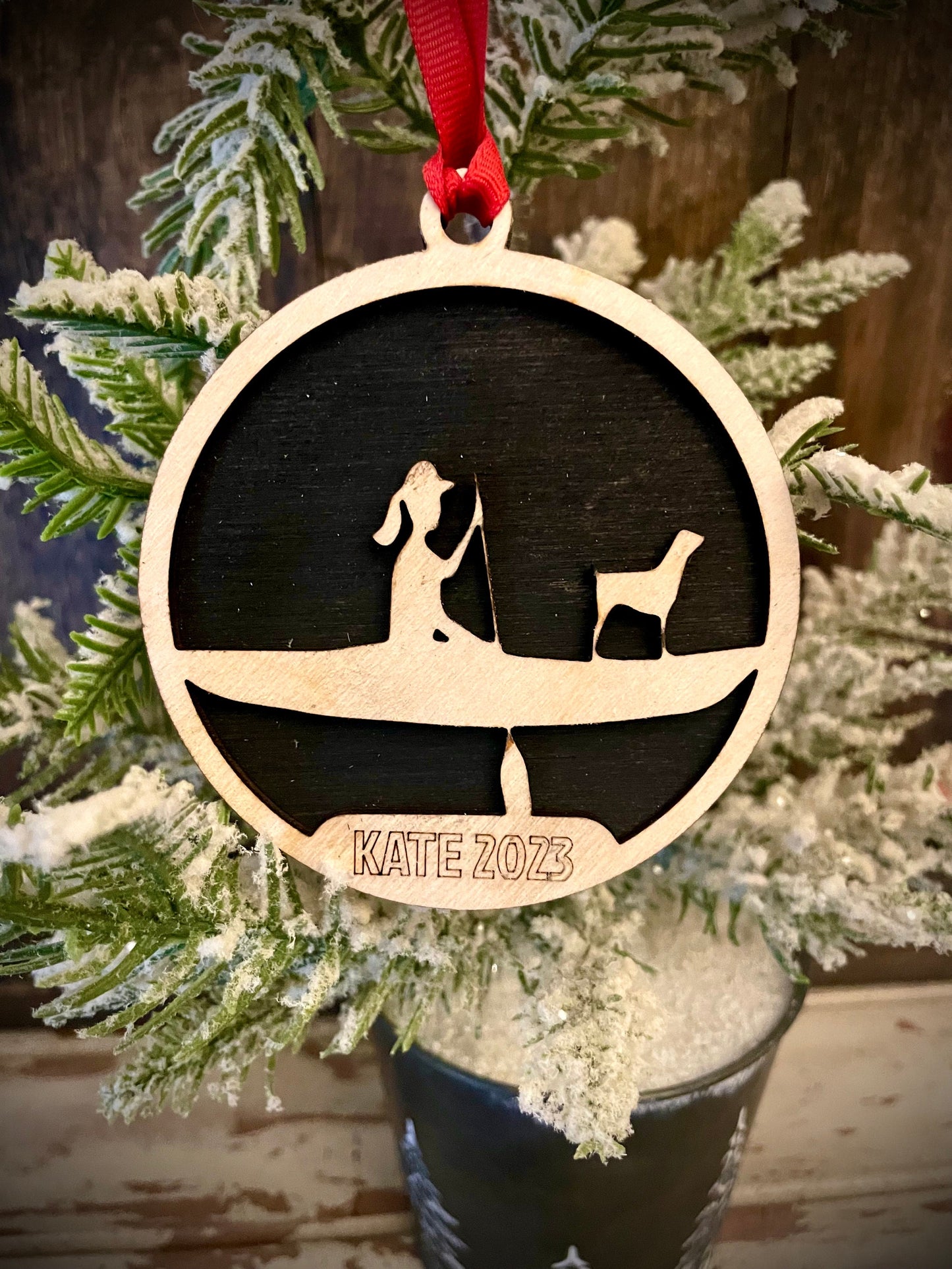 Female Kayaker with Dog Personalized 2-Layer Wood Christmas Ornament & Gift Tag | Multiple Finishes | Outdoor Gift