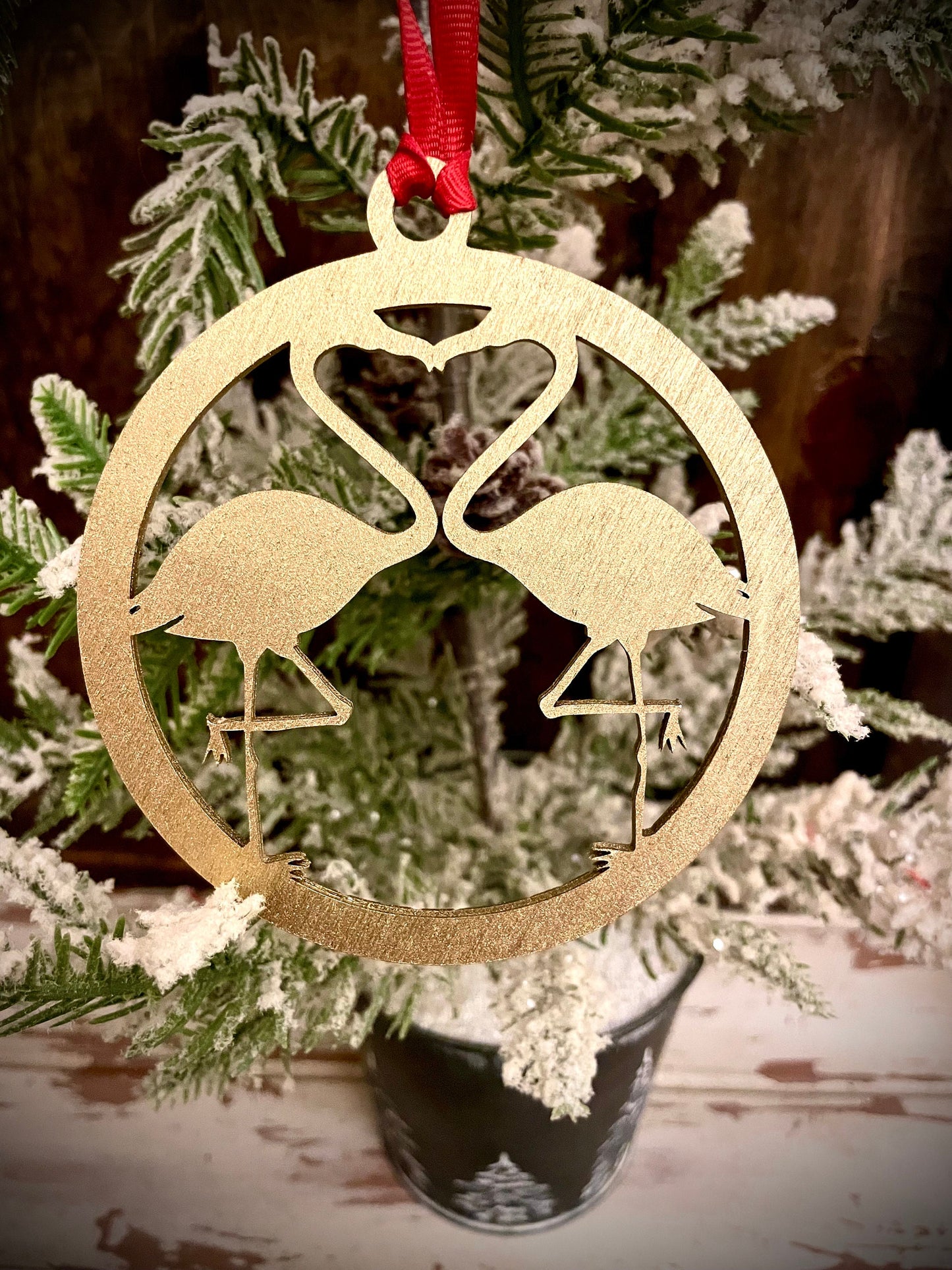 Art Deco Double Flamingo Wood Christmas Ornament | Multiple Finishes | Elegant Holiday Gift