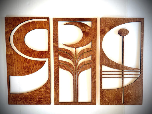 Mid Century Modern Floral Wood Wall Art | 3-Panel Set | Multiple Sizes & Finishes | Style J