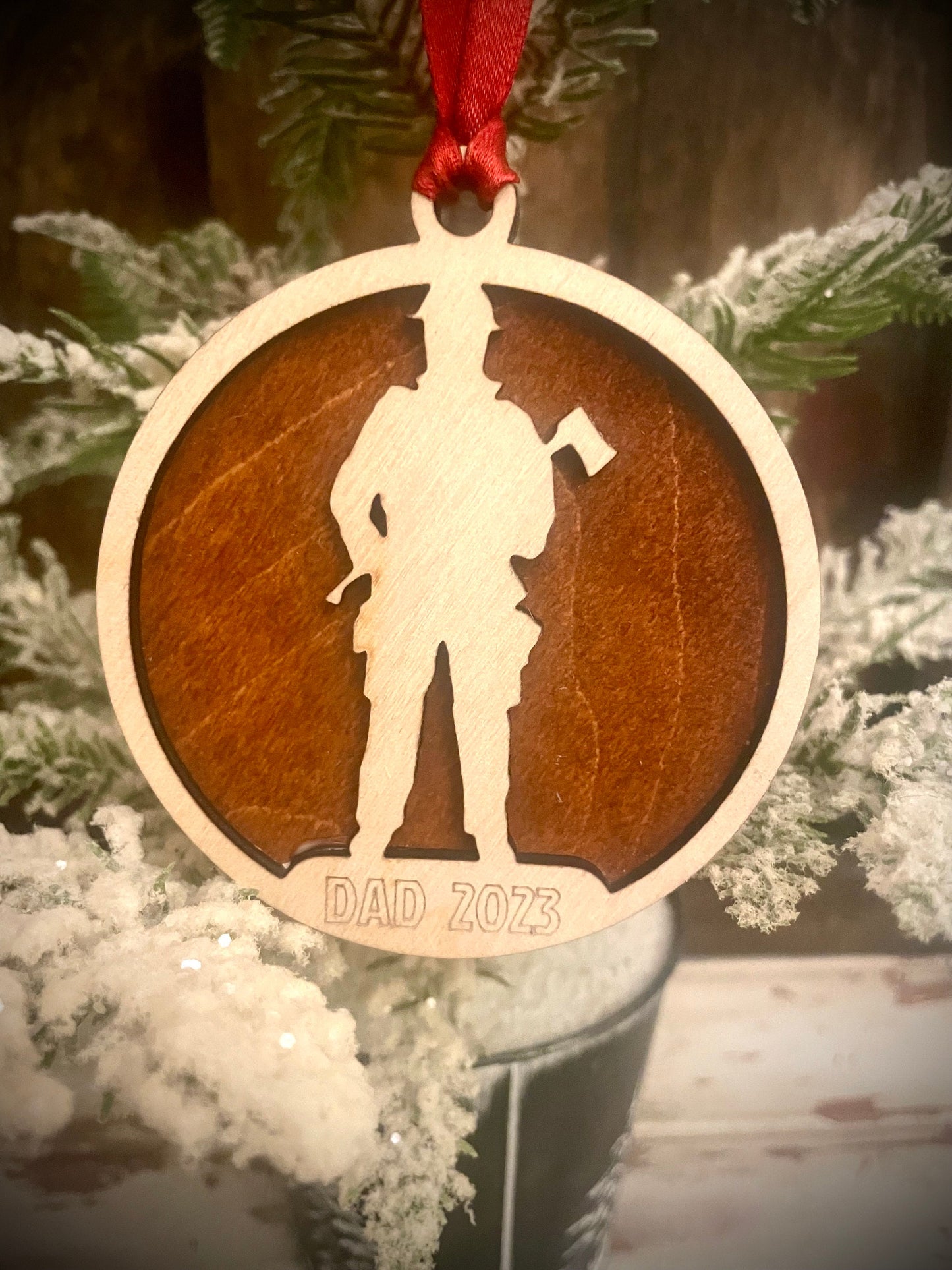 Firefighter with Axe Personalized 2-Layer Wood Christmas Ornament & Gift Tag | Multiple Finishes | Firefighter Gift (#2)