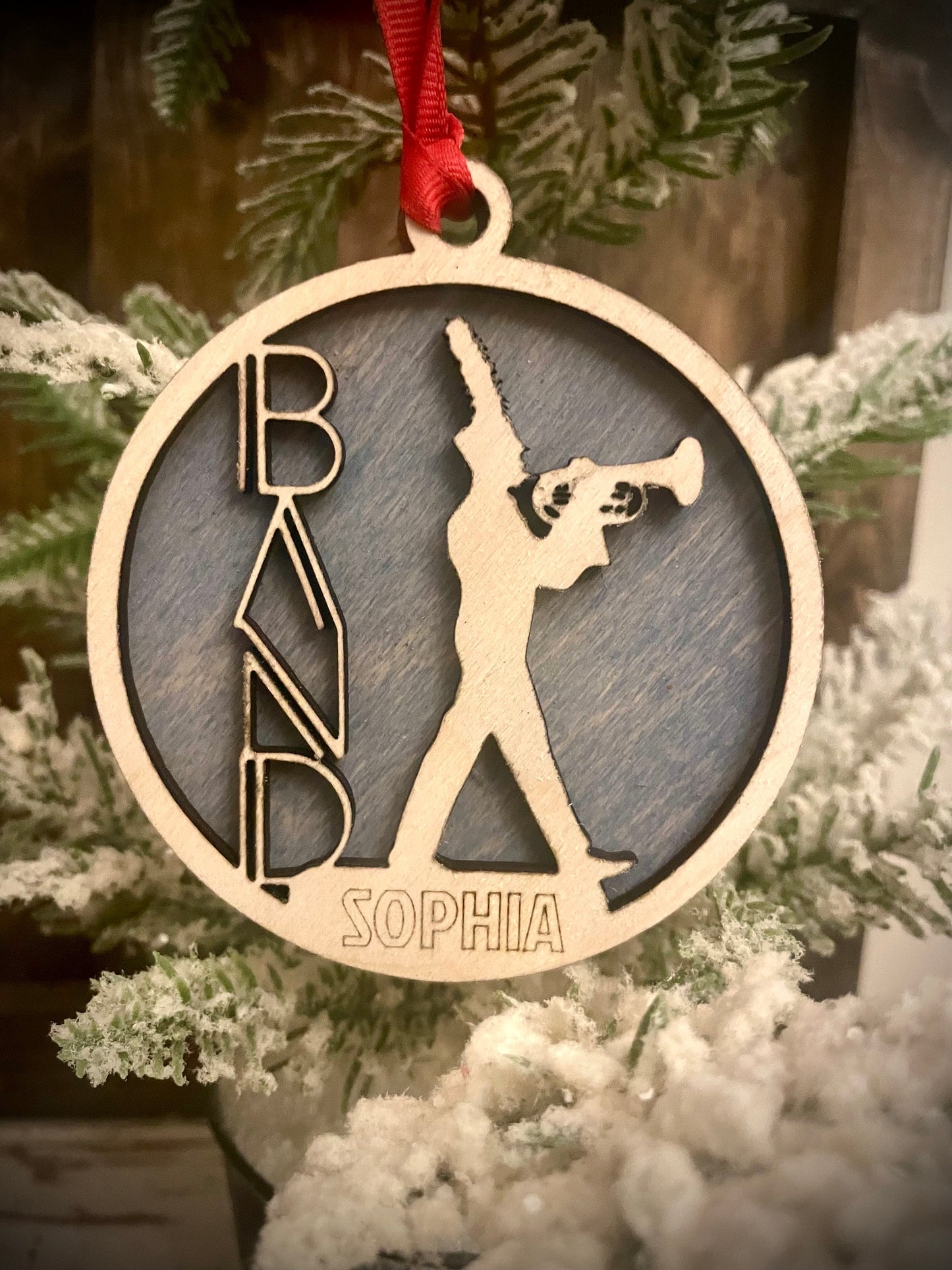 Marching band baritone player 2-layer personalized laser cut wood Christmas ornament, gift tag available unfinished or stained.