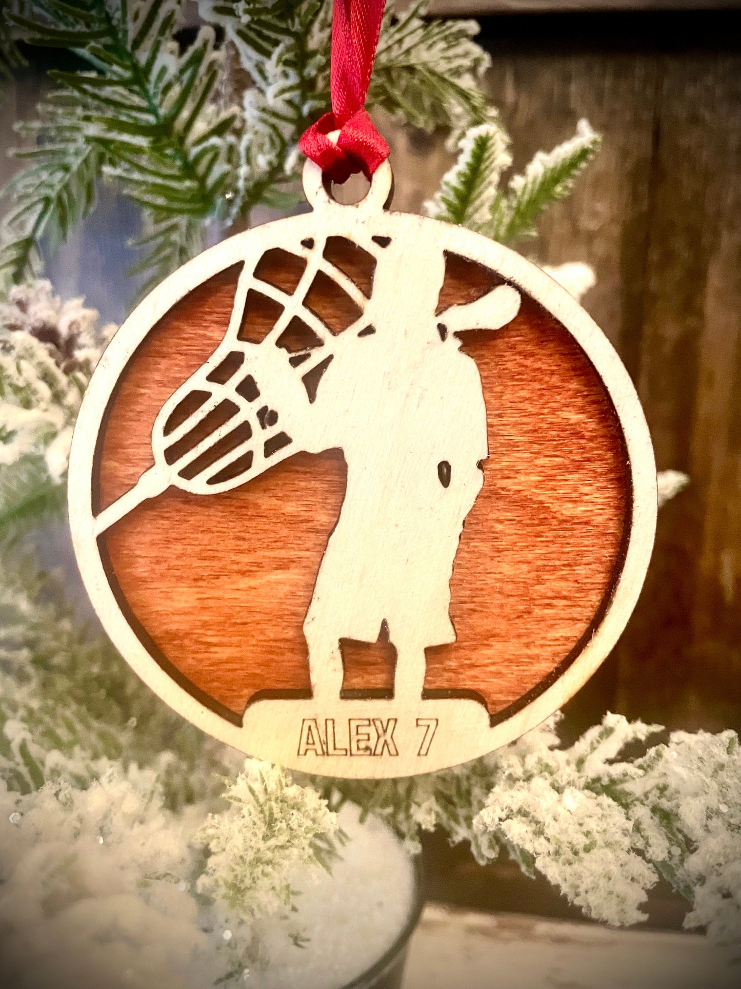 Lacrosse Player Personalized 2-Layer Wood Christmas Ornament & Gift Tag | Multiple Finishes | Lacrosse Gift (#16)