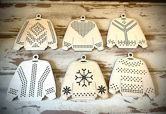 Cross Stitch Ugly Christmas Sweater Wood Ornament Blanks | Heart Pattern | Assorted Quantities