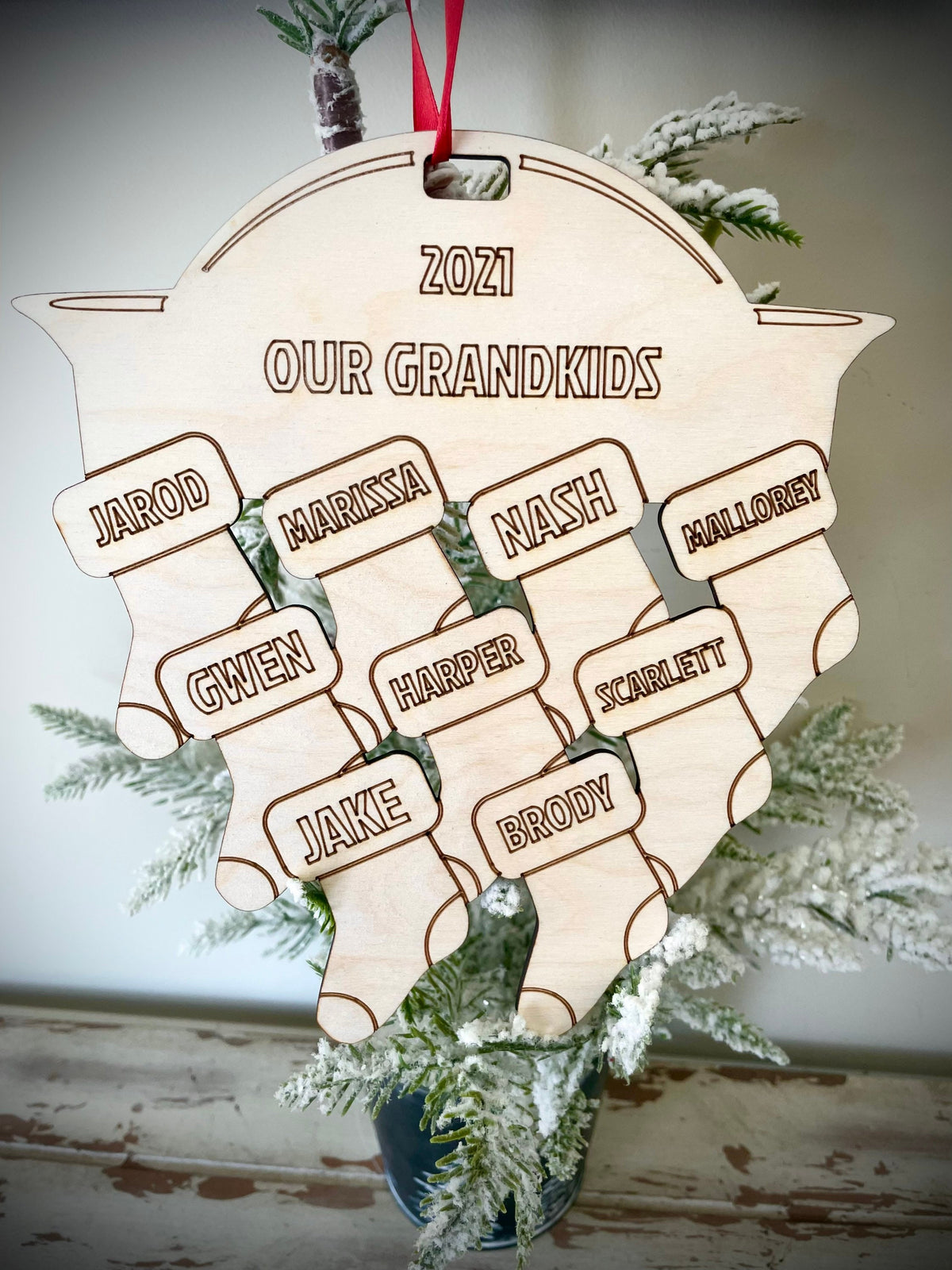 Personalized Family or Team Stocking Plaque | Custom Engraved Wood Ornament | 2-20 Names