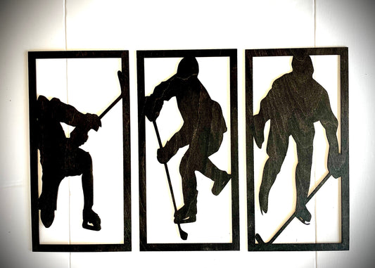 Hockey Player wood wall art 3-panel set, front view in Black finish