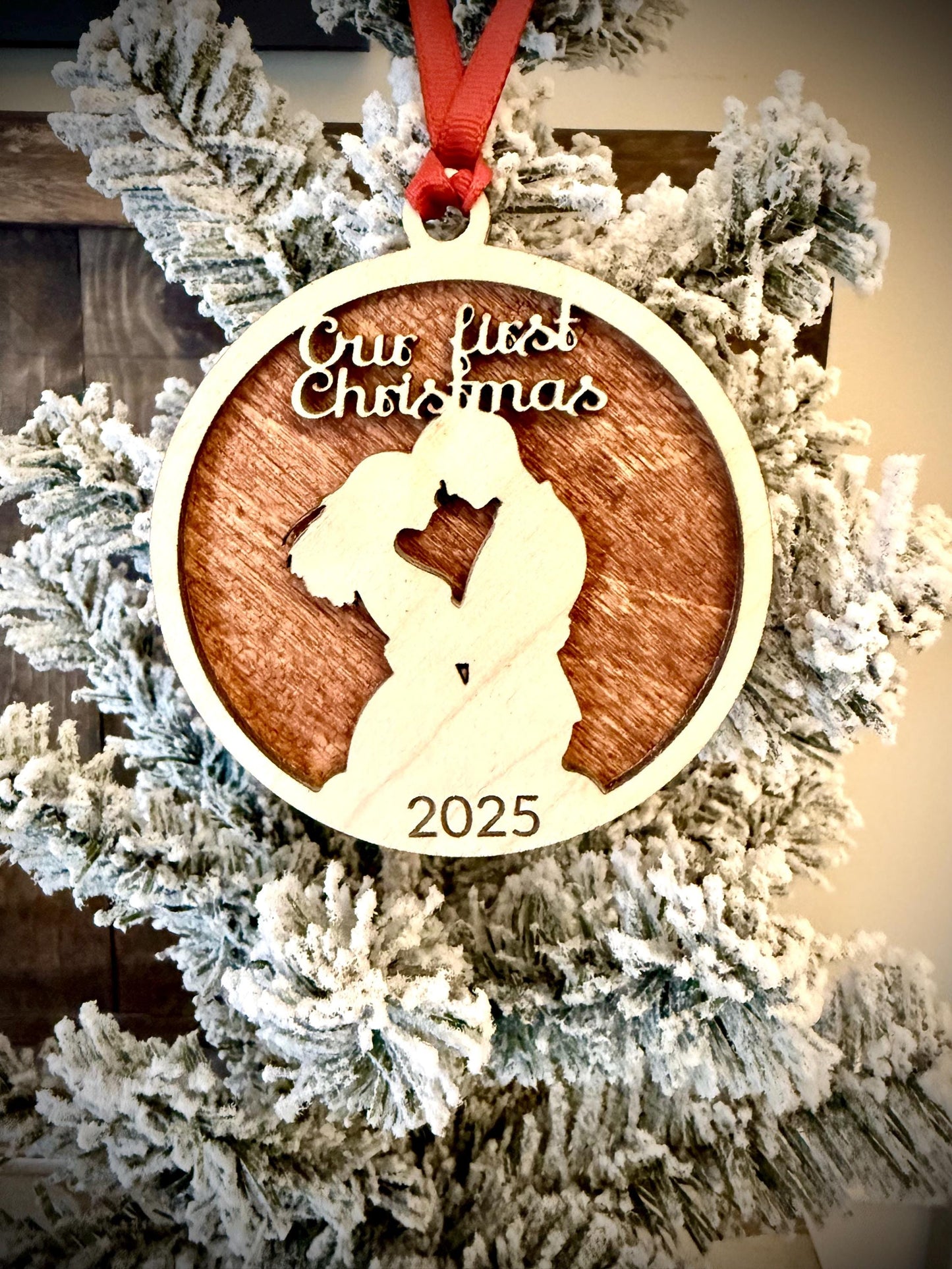 Our First Christmas 2-Layer Wood Christmas Ornament & Gift Tag | Multiple Finishes | Couples Christmas Gift