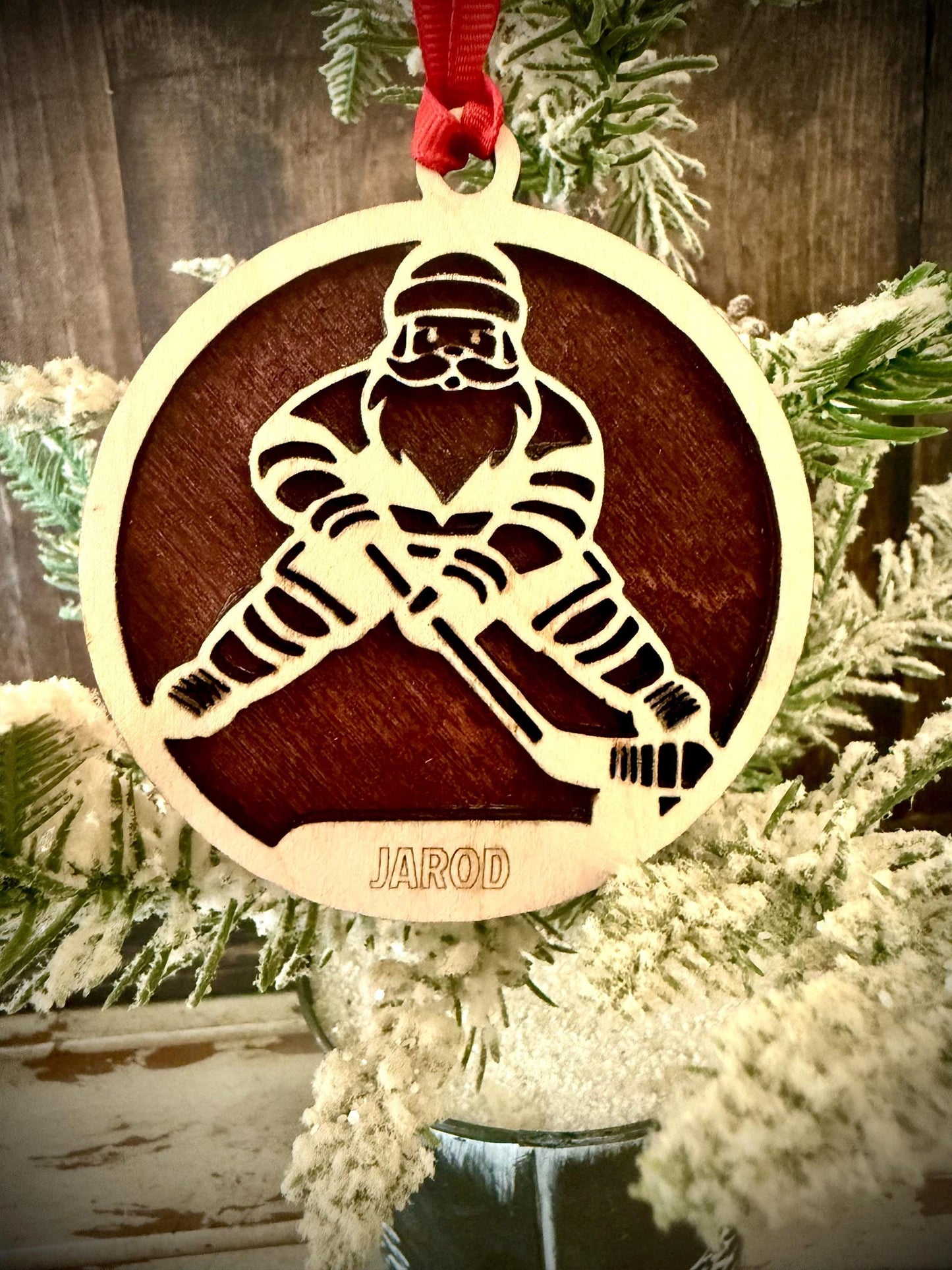 Santa Claus Hockey Player Skater Personalized 2-Layer Wood Christmas Ornament & Gift Tag | Multiple Finishes | Hockey Gift