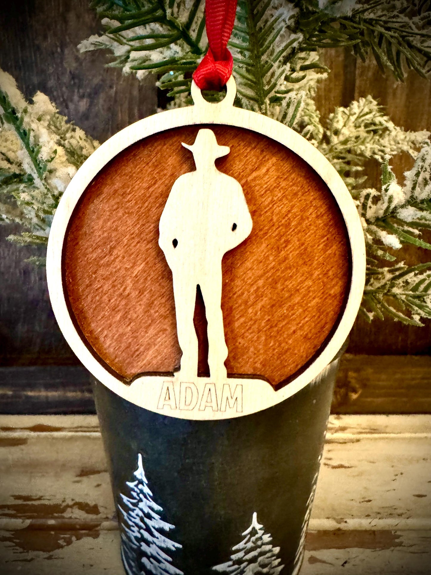 Cowboy Personalized 2-Layer Wood Christmas Ornament & Gift Tag | Multiple Finishes | Western Gift