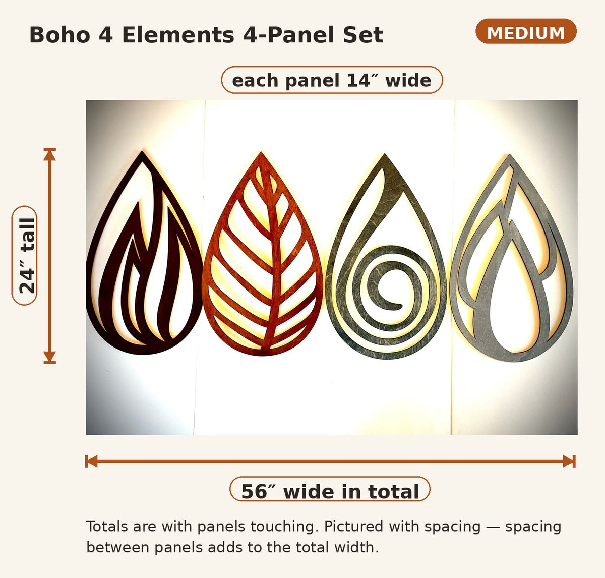 Boho 4 Elements Wood Wall Art | Earth, Water, Wind & Fire Teardrop | 4-Panel Set | Multiple Sizes & Finishes