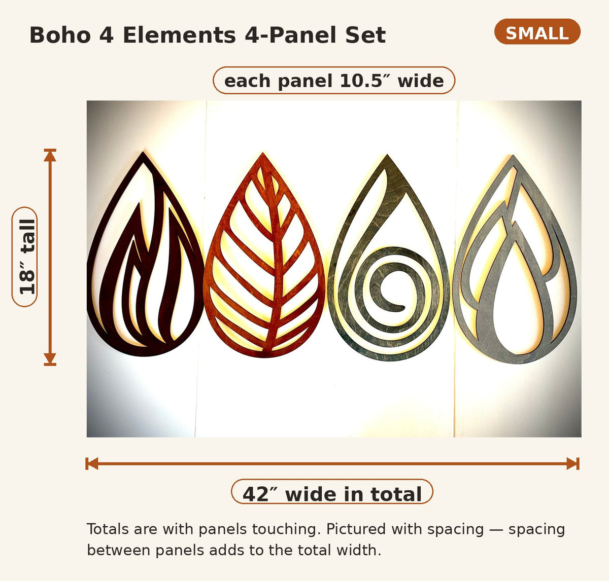Boho 4 Elements Wood Wall Art | Earth, Water, Wind & Fire Teardrop | 4-Panel Set | Multiple Sizes & Finishes