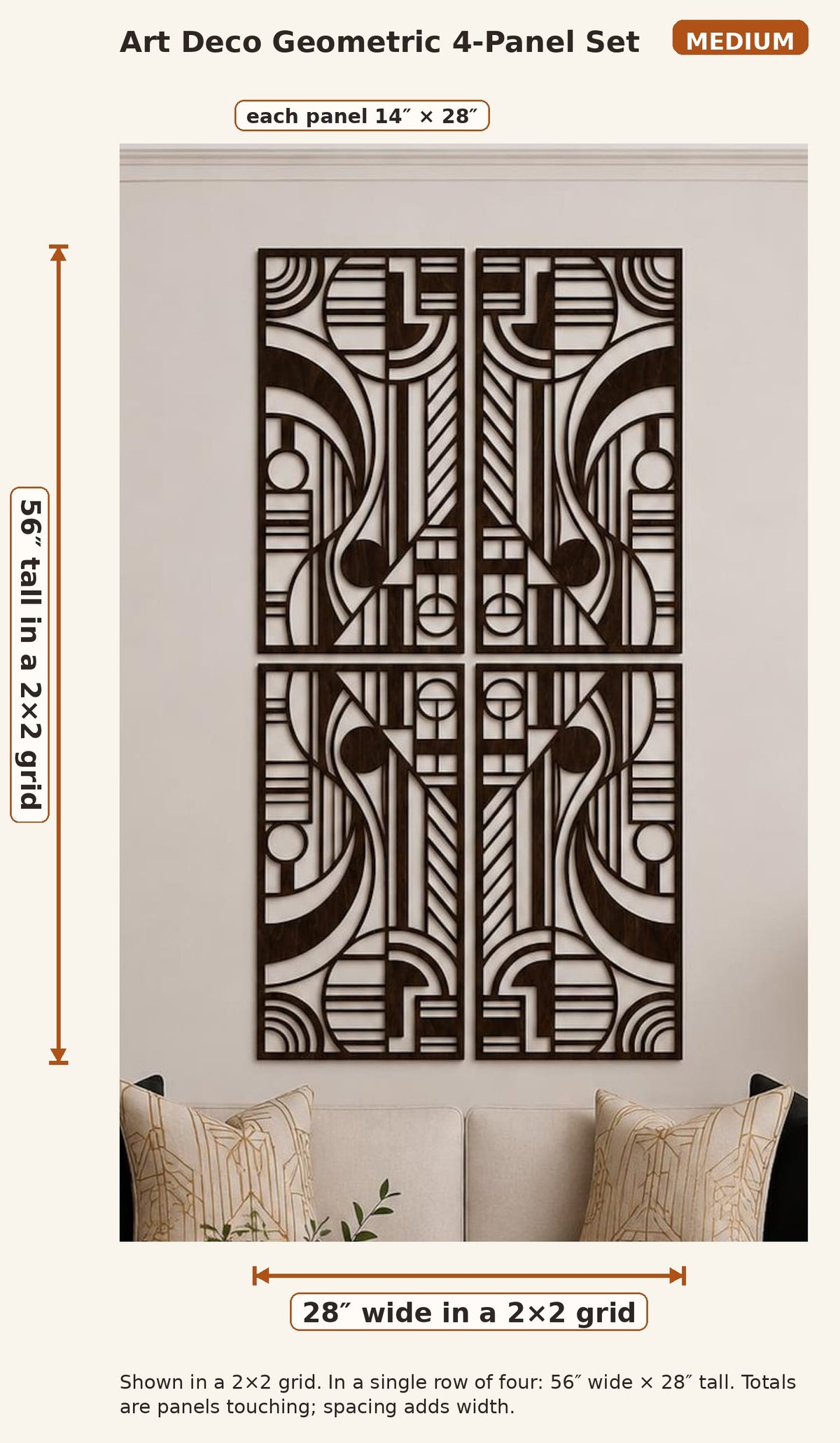 Art Deco Geometric Wood Wall Art | Large Modern 4 Panel Wall Sculpture