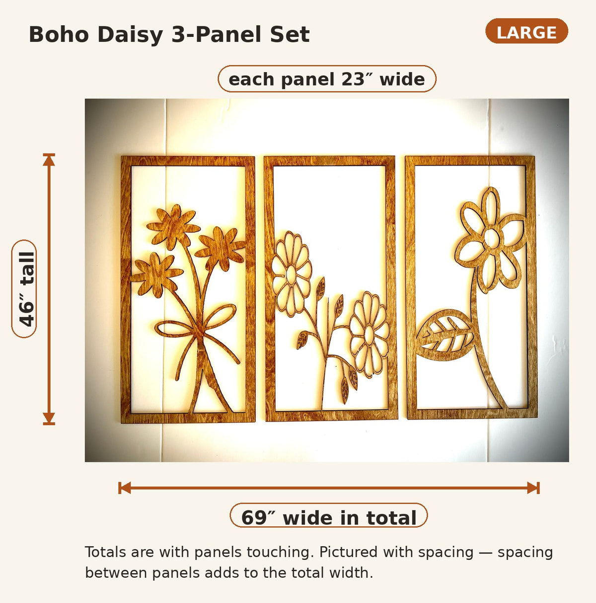 Boho Daisy Wood Wall Art | 3-Panel Set | Multiple Sizes & Finishes