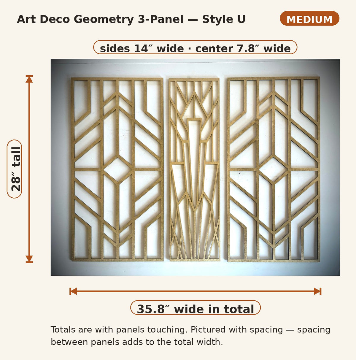 Boho Modern Art Deco Art Deco Geometry wood wall art, 3 panel set, in multiple sizes and finishes, Style U