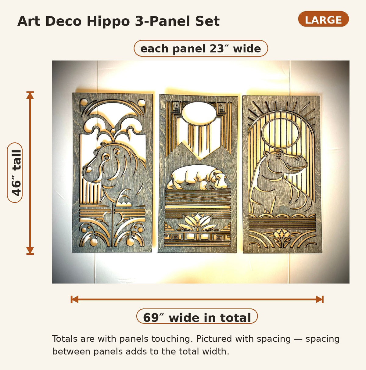Art Deco Hippopotamus Wood Wall Art | 3-Panel Set | Multiple Sizes & Finishes
