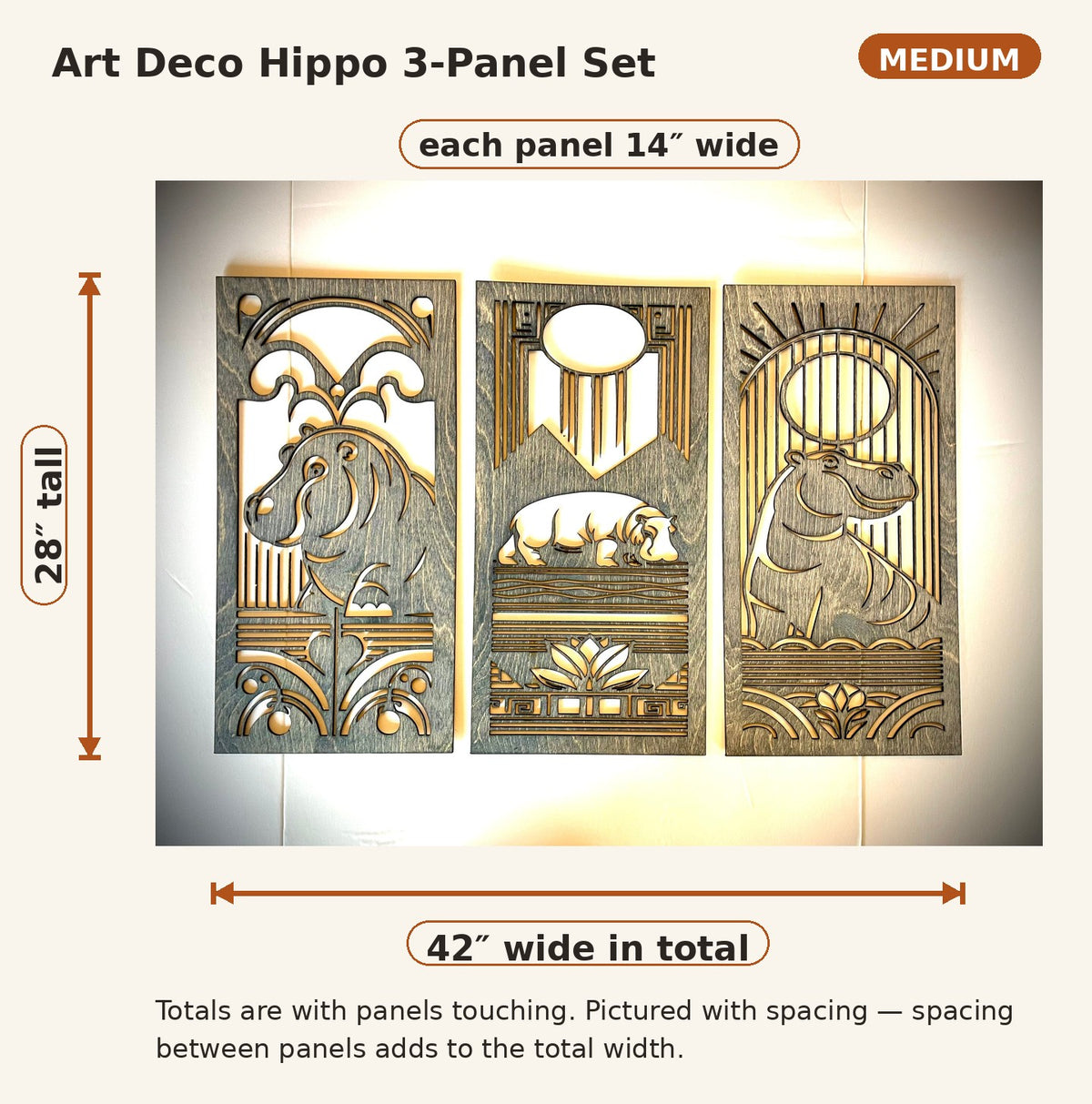 Art Deco Hippopotamus Wood Wall Art | 3-Panel Set | Multiple Sizes & Finishes
