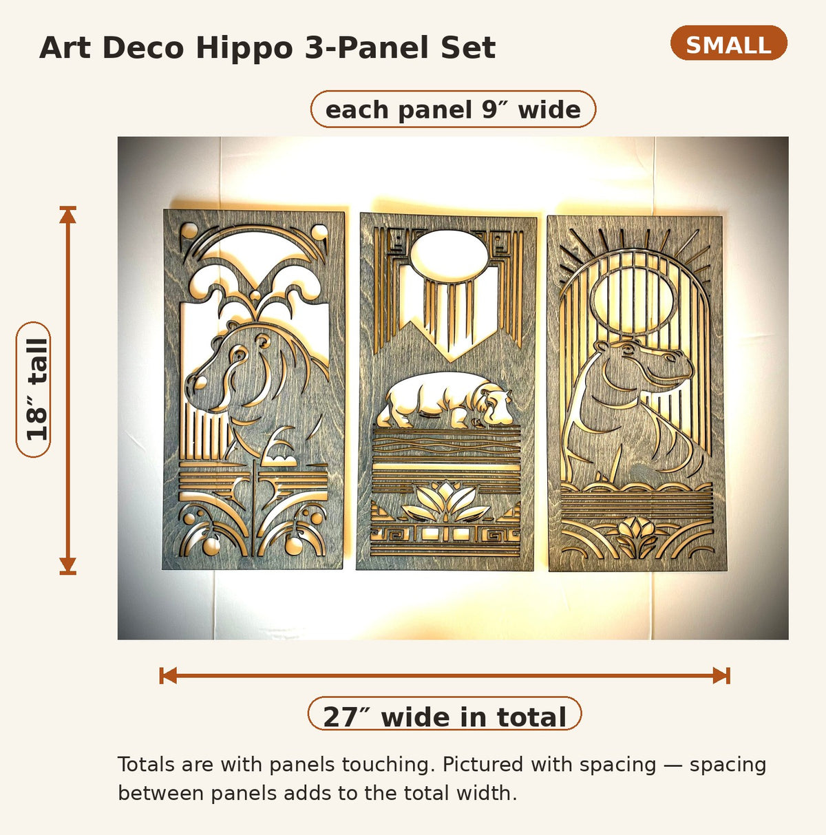 Art Deco Hippopotamus Wood Wall Art | 3-Panel Set | Multiple Sizes & Finishes