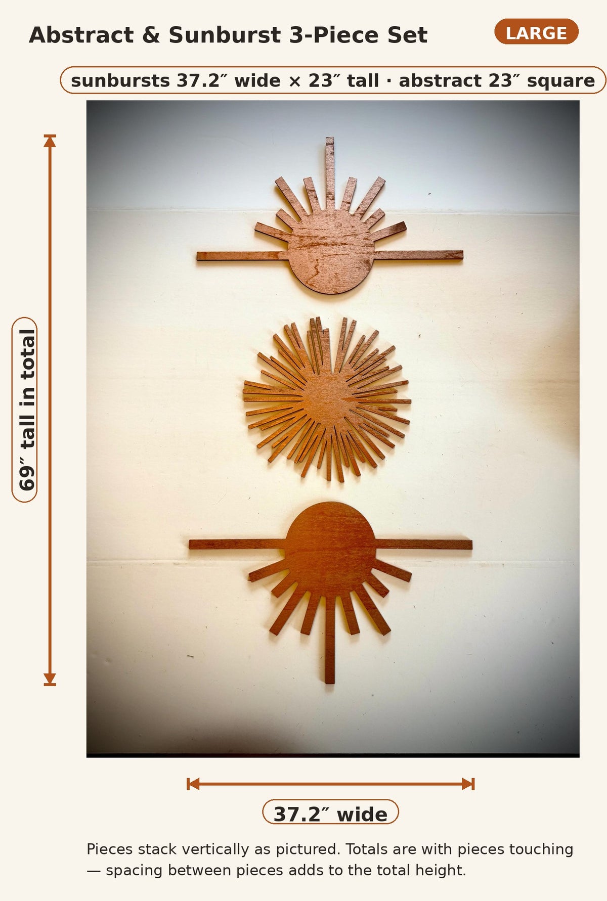 Boho modern Art Deco abstract and sunburst element wood wall art, 3 panel set,in multiple sizes and finishes.