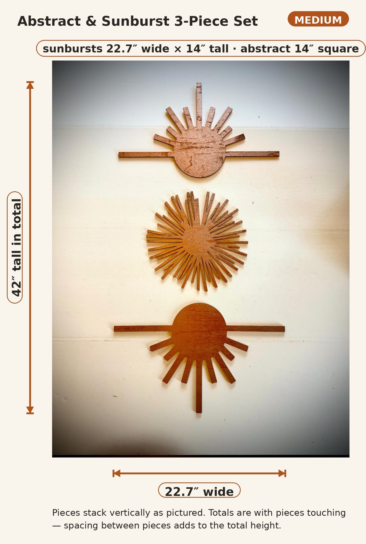Boho modern Art Deco abstract and sunburst element wood wall art, 3 panel set,in multiple sizes and finishes.