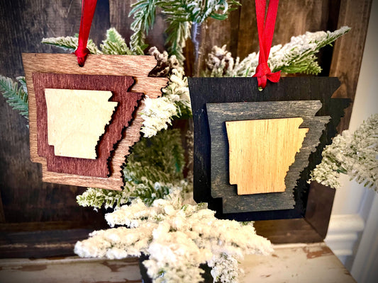 Arkansas 3-Layer Stacked Wood Ornament & Gift Tag | Brown & Gray Tones | State Pride Gift