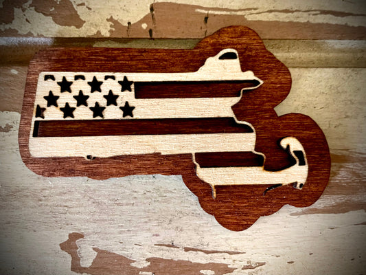 Massachusetts US Flag 2-Layer Wood Refrigerator Magnet | 12 Finishes | Patriotic Gift