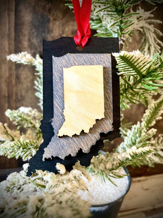 Indiana 3-Layer Stacked Wood Ornament & Gift Tag | Brown & Gray Tones | State Pride Gift
