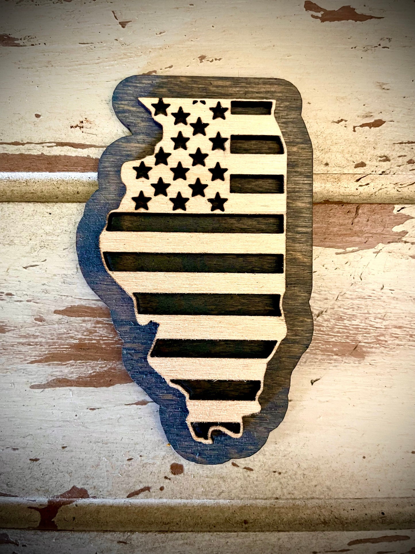 Illinois US Flag 2-Layer Wood Refrigerator Magnet | 12 Finishes | Patriotic Gift