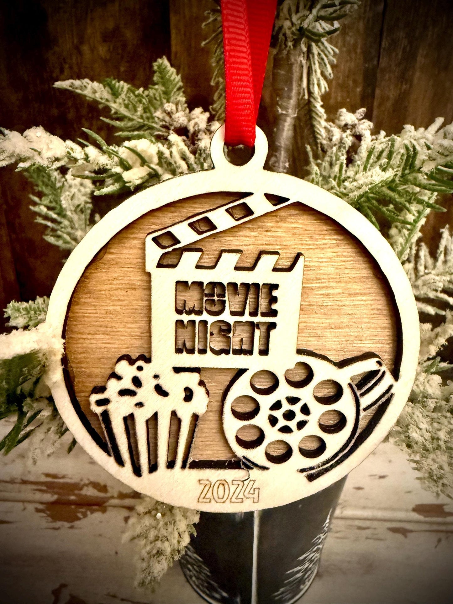 Movie Night Personalized 2-Layer Wood Christmas Ornament & Gift Tag | Multiple Finishes | Movie Lover Gift