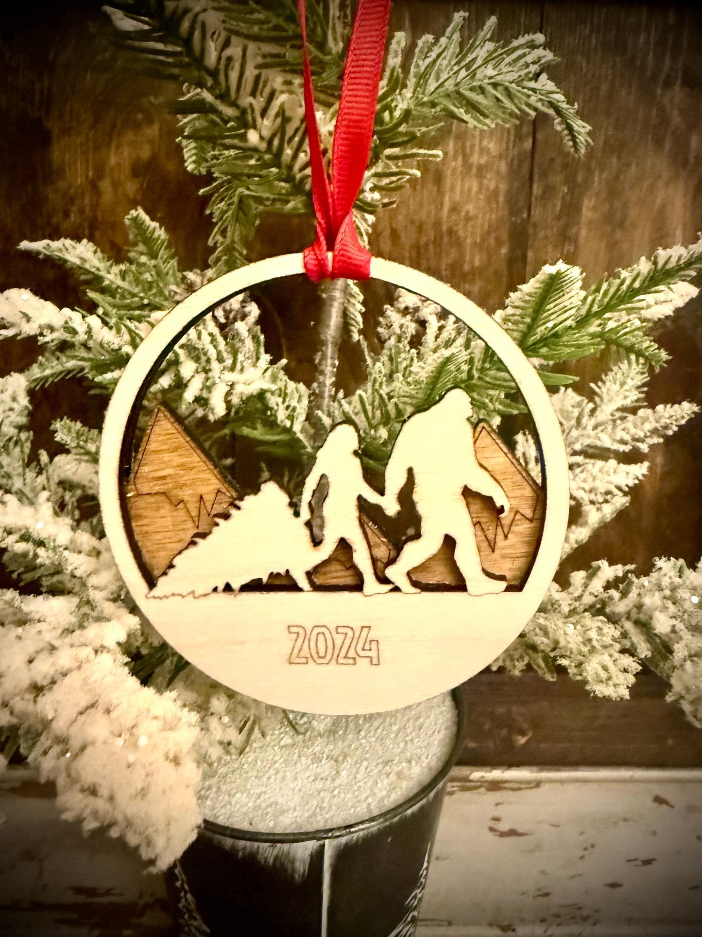 Bigfoot Couple Dragging Christmas Tree Personalized 2-Layer Wood Christmas Ornament & Gift Tag | Multiple Finishes | Funny Gift