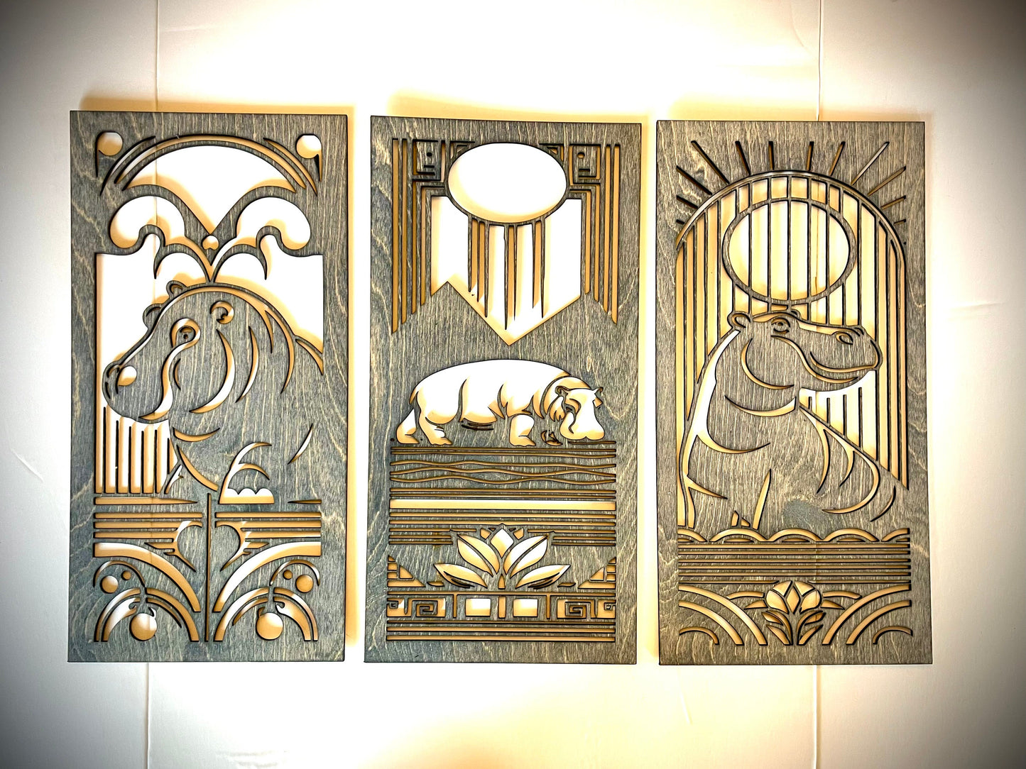 Art Deco Hippopotamus Wood Wall Art | 3-Panel Set | Multiple Sizes & Finishes