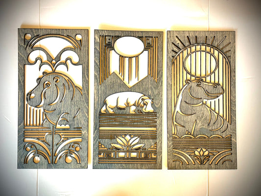 Art Deco Hippopotamus Wood Wall Art | 3-Panel Set | Multiple Sizes & Finishes