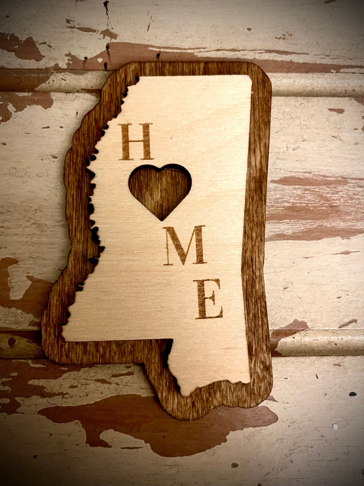 Mississippi HOME 2-Layer Wood Refrigerator Magnet | 12 Finishes | State Pride Gift