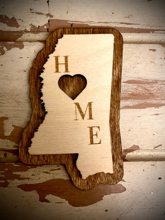 Mississippi HOME 2-Layer Wood Refrigerator Magnet | 12 Finishes | State Pride Gift