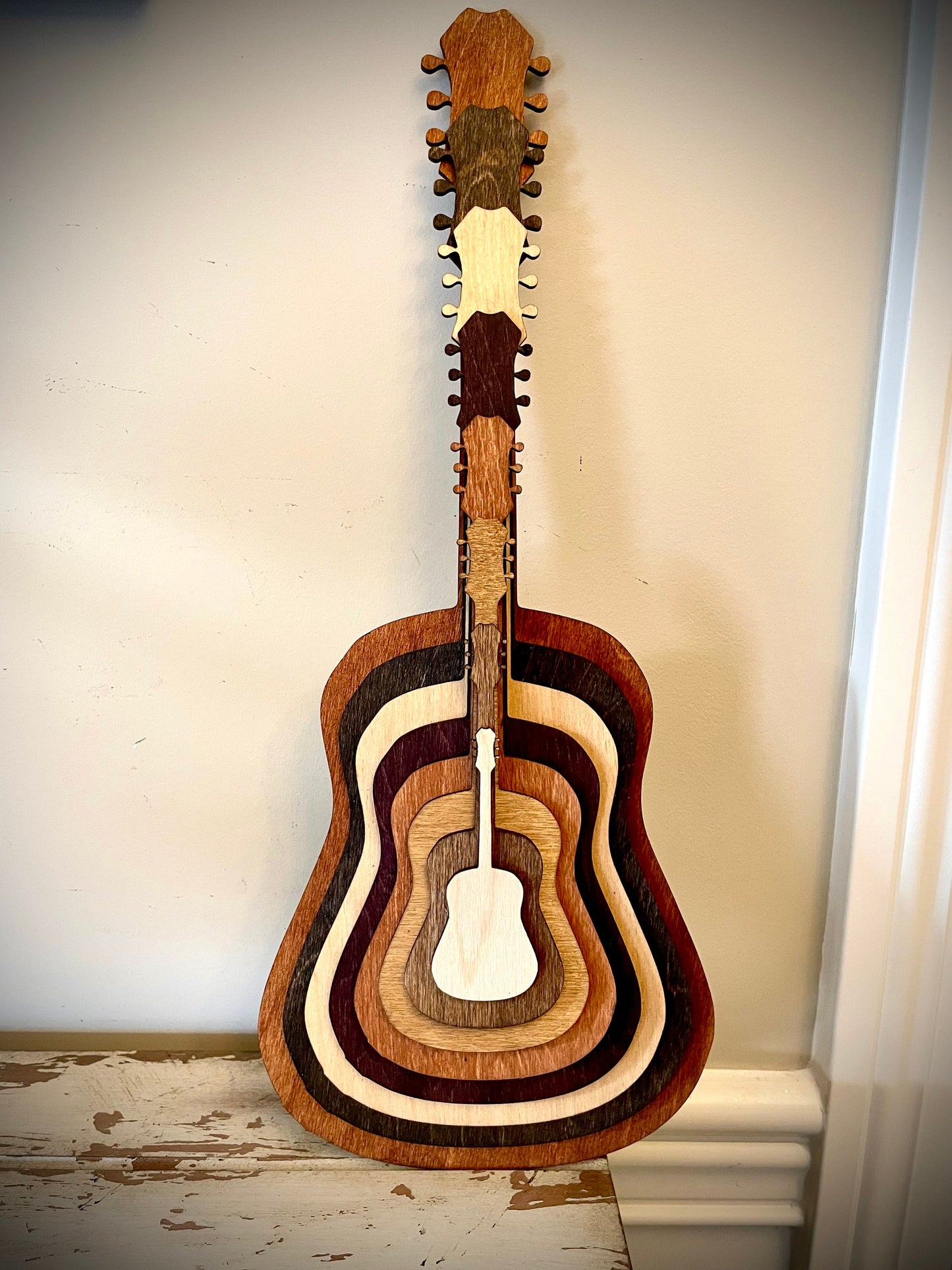 Stacked Acoustic Guitar 3D Wood Table & Wall Art | Multi-Color | Music Gift