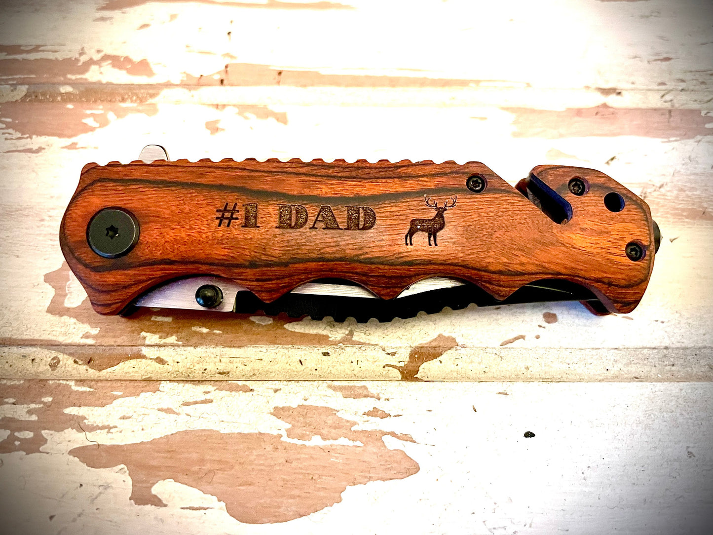 Custom Engraved Wood Tactical & Hunting Knife | Camping & Pocket Knife | Father's Day Gift
