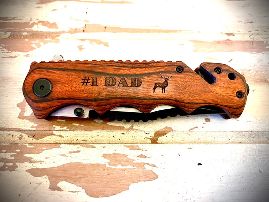 Custom Engraved Wood Tactical & Hunting Knife | Camping & Pocket Knife | Father's Day Gift