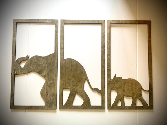 Mom & Baby Elephant Wood Wall Art 3-panel set - front view