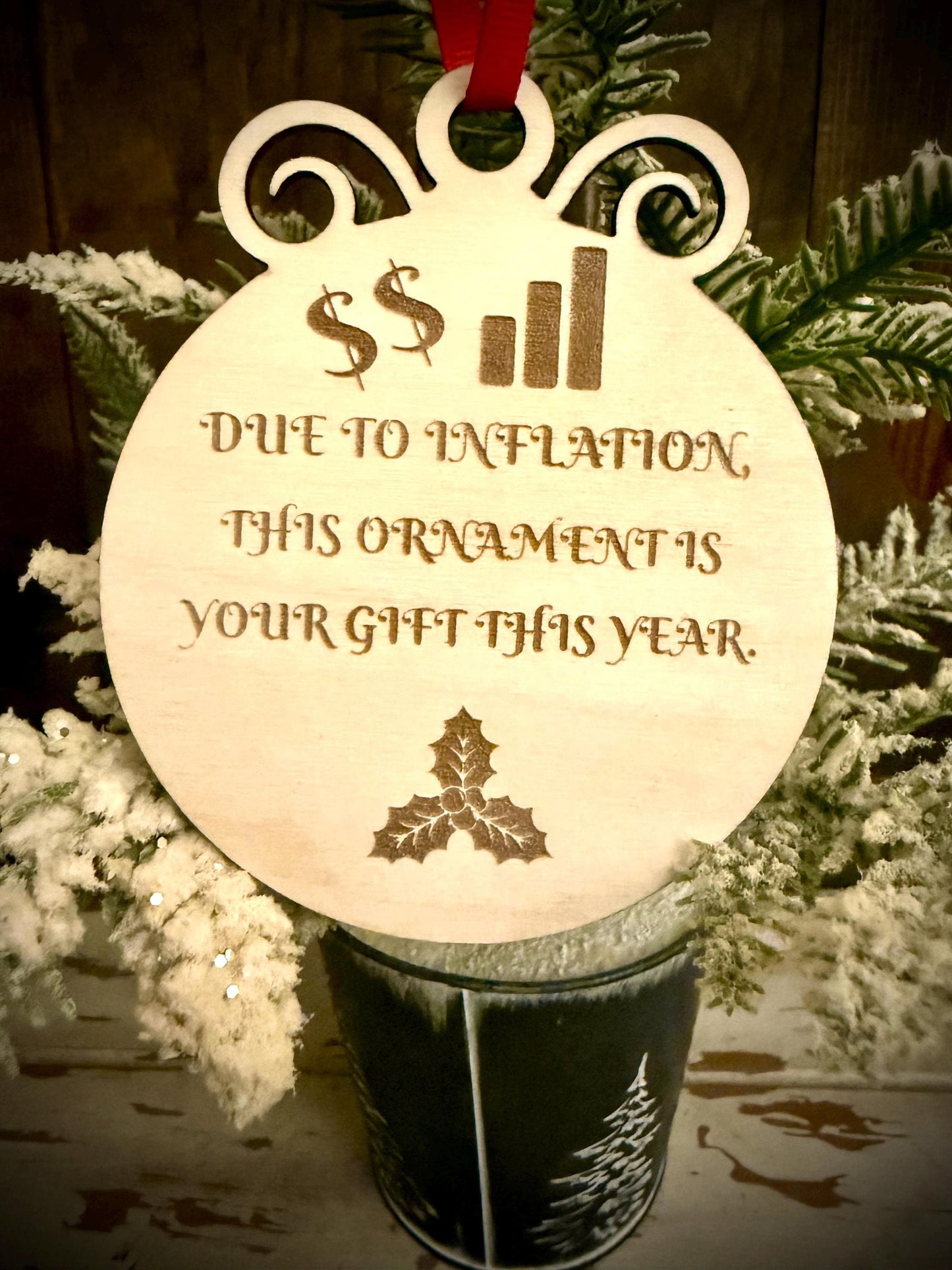 Funny Inflation Wood Christmas Ornament & Gift Tag | Gag Gift