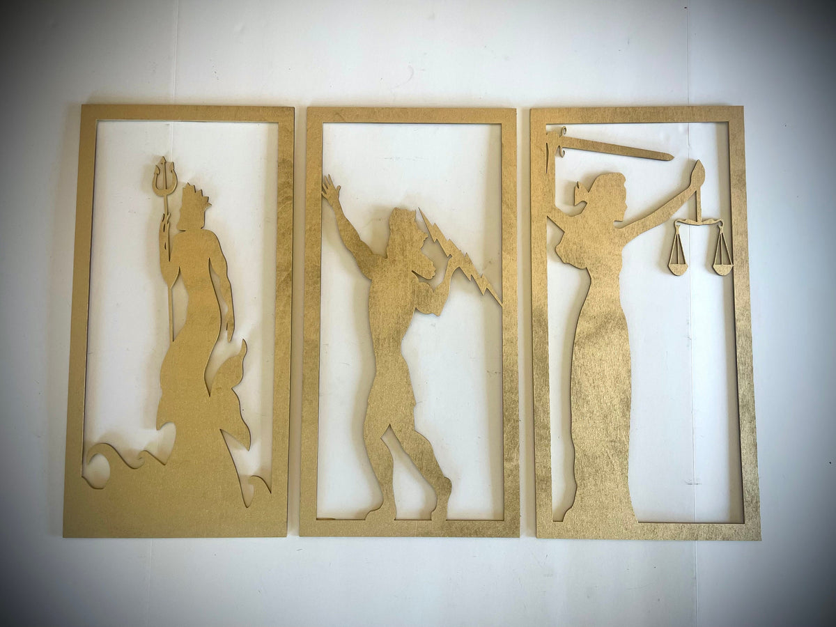 Art Deco Greek Gods Wood Wall Art | Poseidon, Zeus & Themis | 3-Panel Set | Multiple Sizes & Finishes