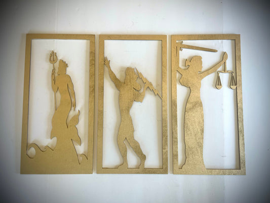 Art Deco Greek Gods Wood Wall Art | Poseidon, Zeus & Themis | 3-Panel Set | Multiple Sizes & Finishes