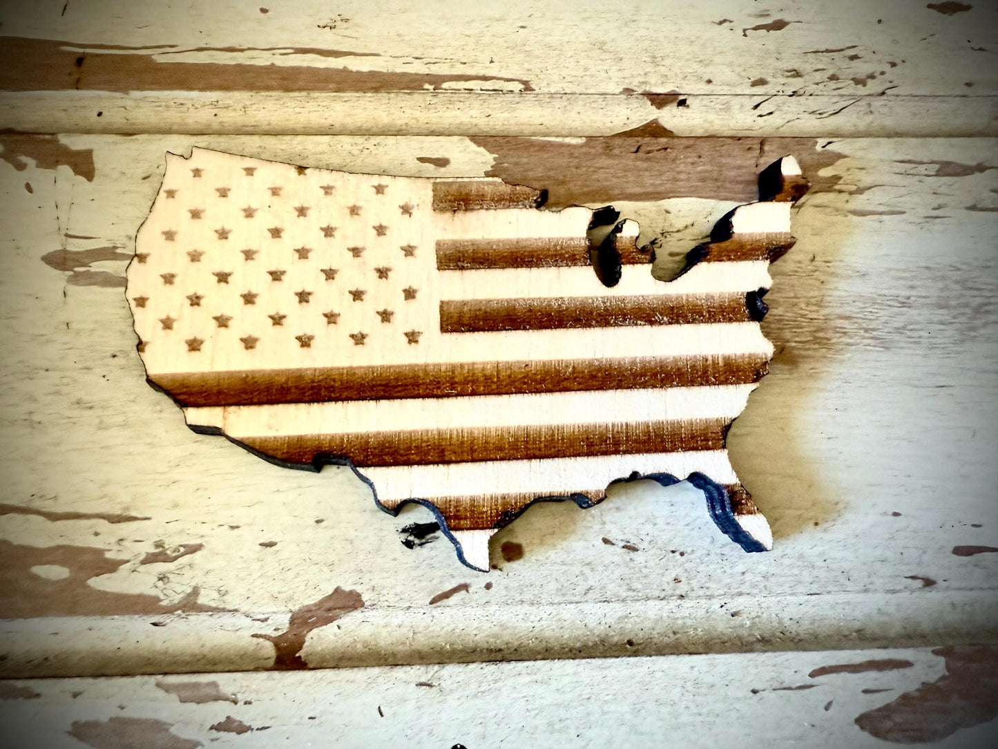 US Flag in USA Map Outline Wood Refrigerator Magnet | Laser Engraved & Cut | Patriotic Gift
