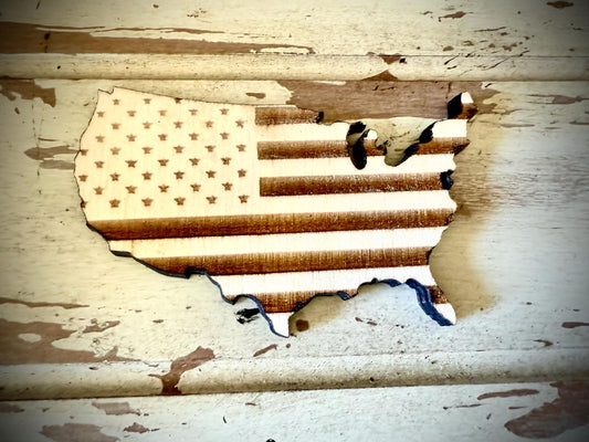 US Flag in USA Map Outline Wood Refrigerator Magnet | Laser Engraved & Cut | Patriotic Gift