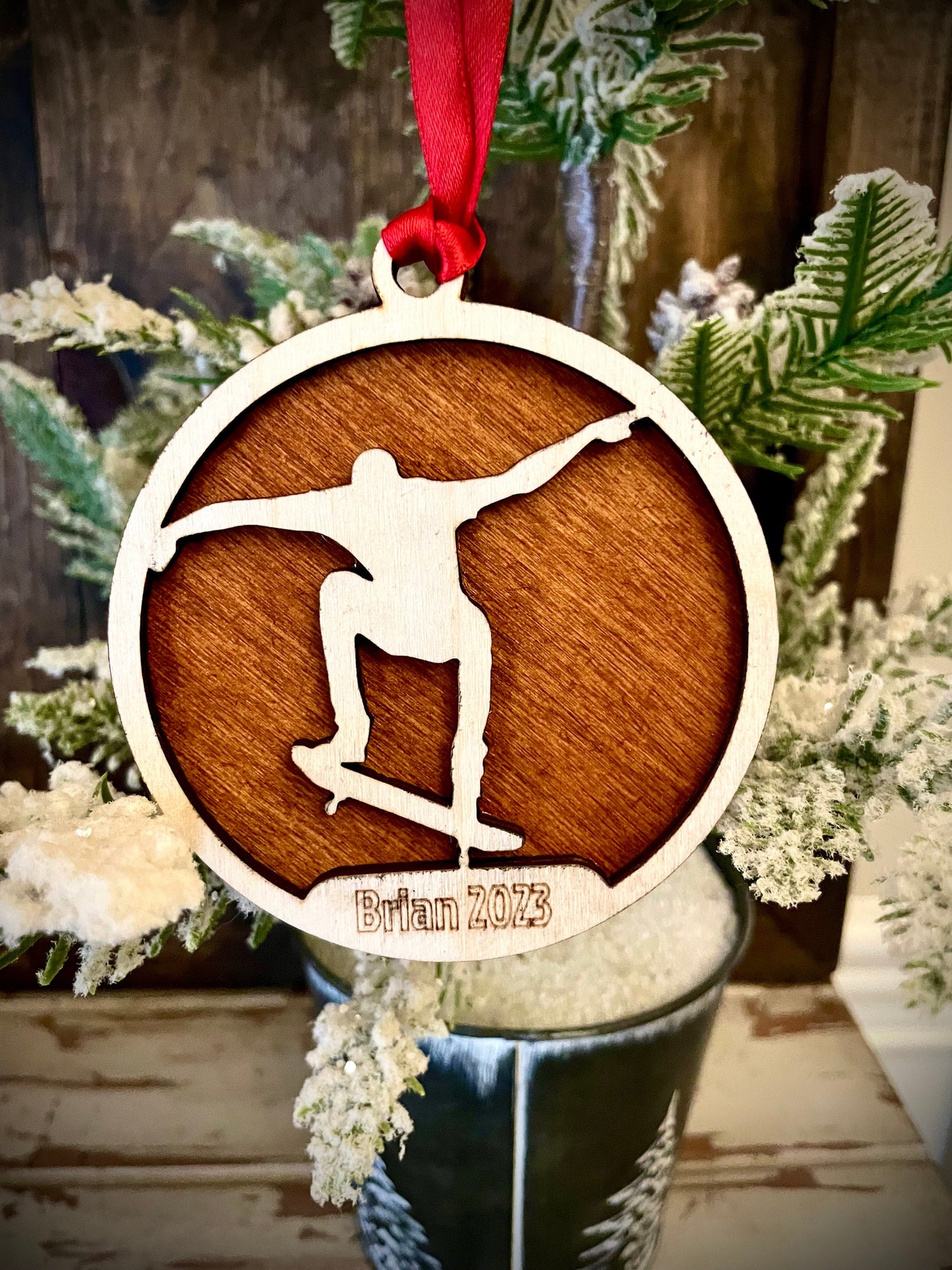 Skateboarder Personalized 2-Layer Wood Christmas Ornament & Gift Tag | Multiple Finishes | Skateboarding Gift (#1)