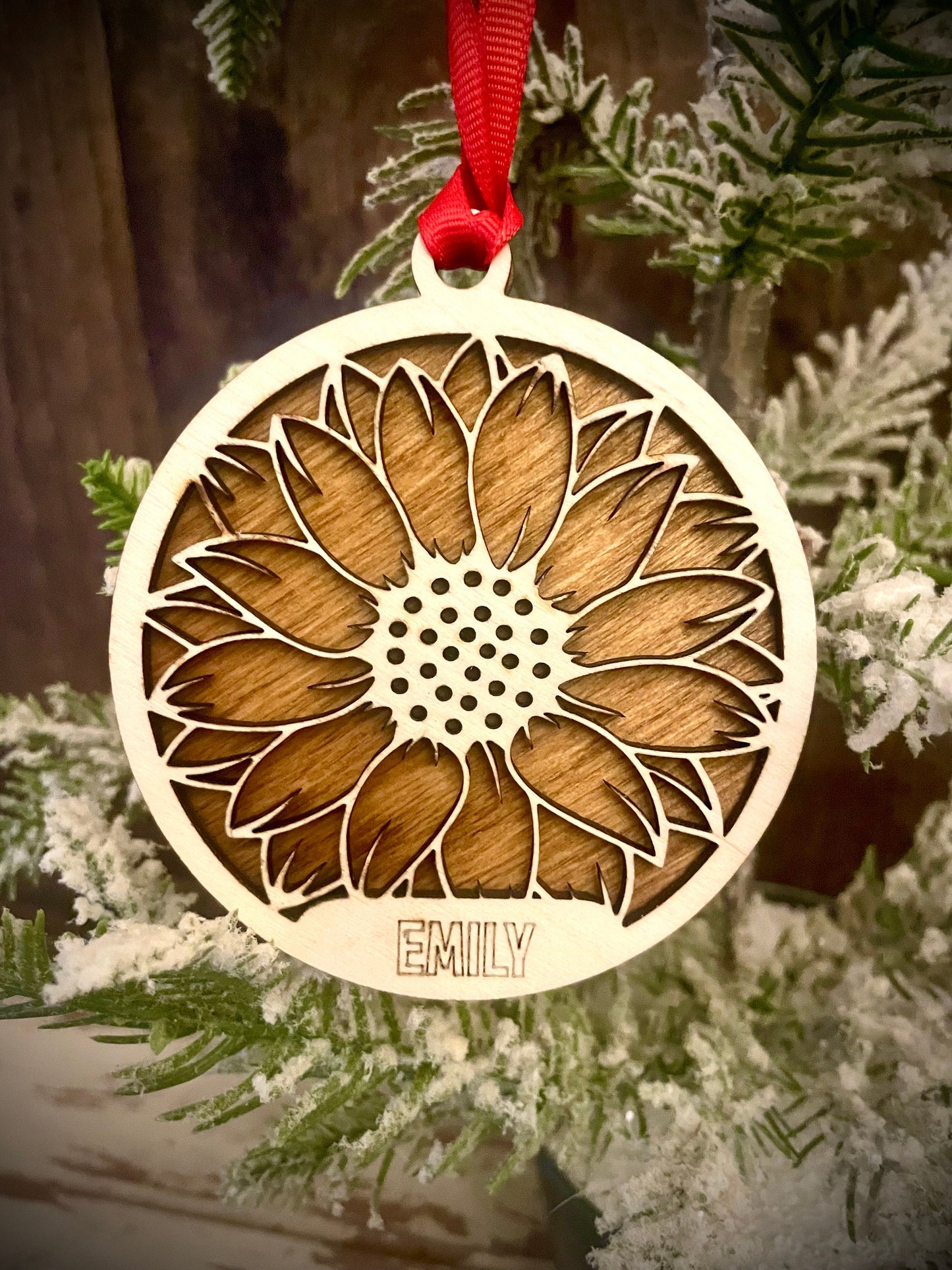 Sunflower Personalized 2-Layer Wood Christmas Ornament & Gift Tag | Multiple Finishes | Nature Gift