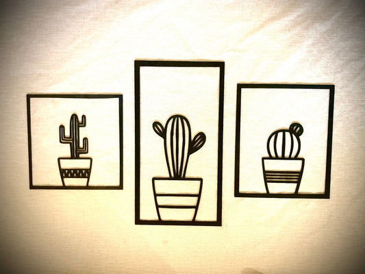 Boho Potted Cactus & Cacti Wood Wall Art | 3-Panel Set | Multiple Finishes