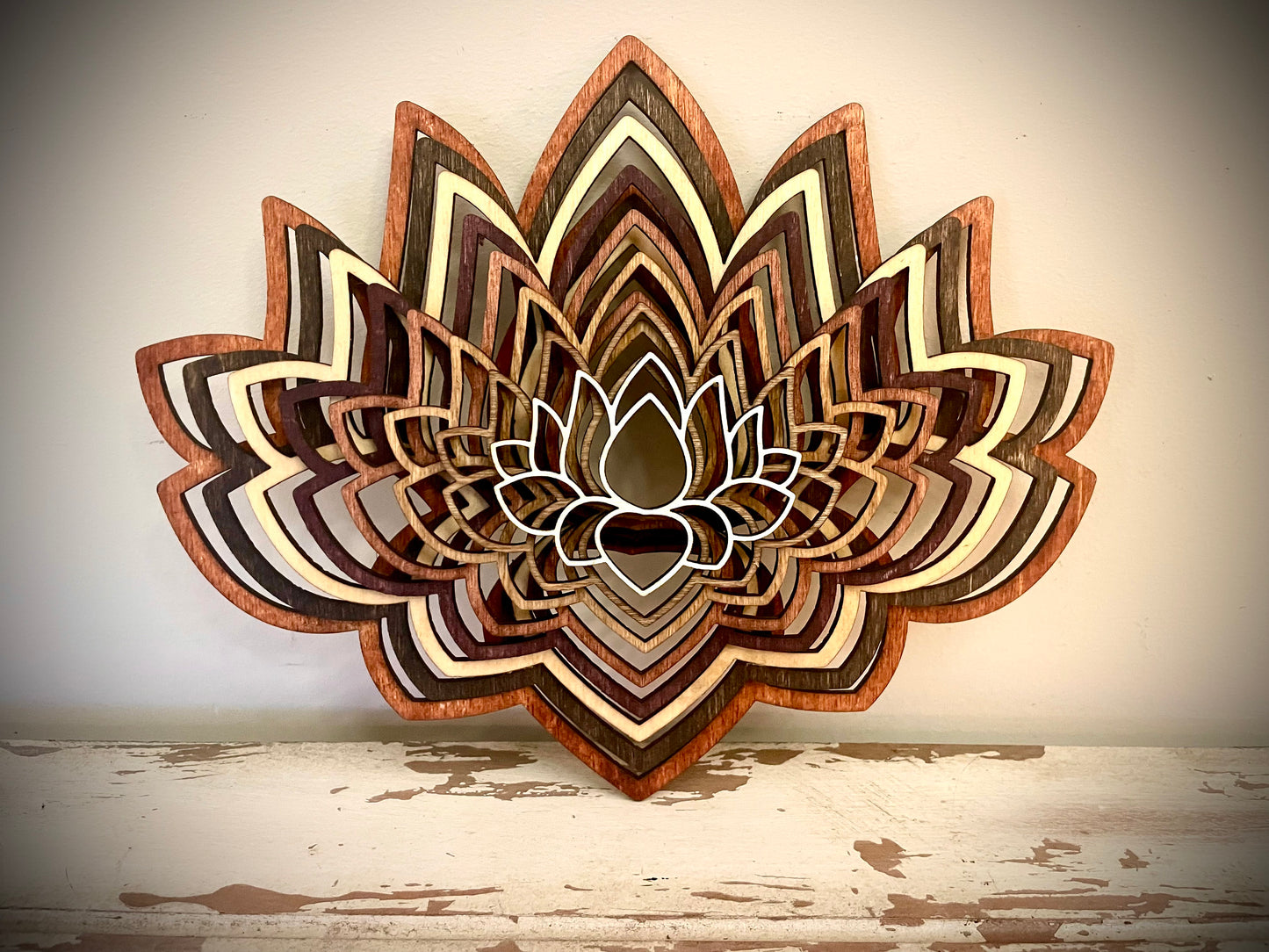 Boho Lotus Flower Mandala Stacked 3D Wood Table & Wall Art | 8 Layers | Brown or Gray Tones