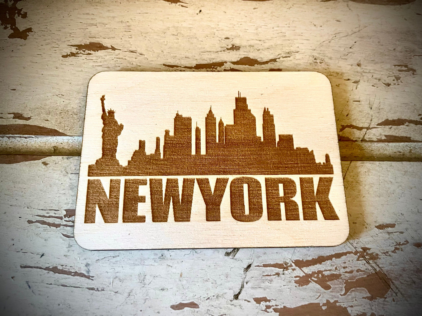 New York City Skyline Wood Magnet | City Souvenir | 3.5" x 2.5"