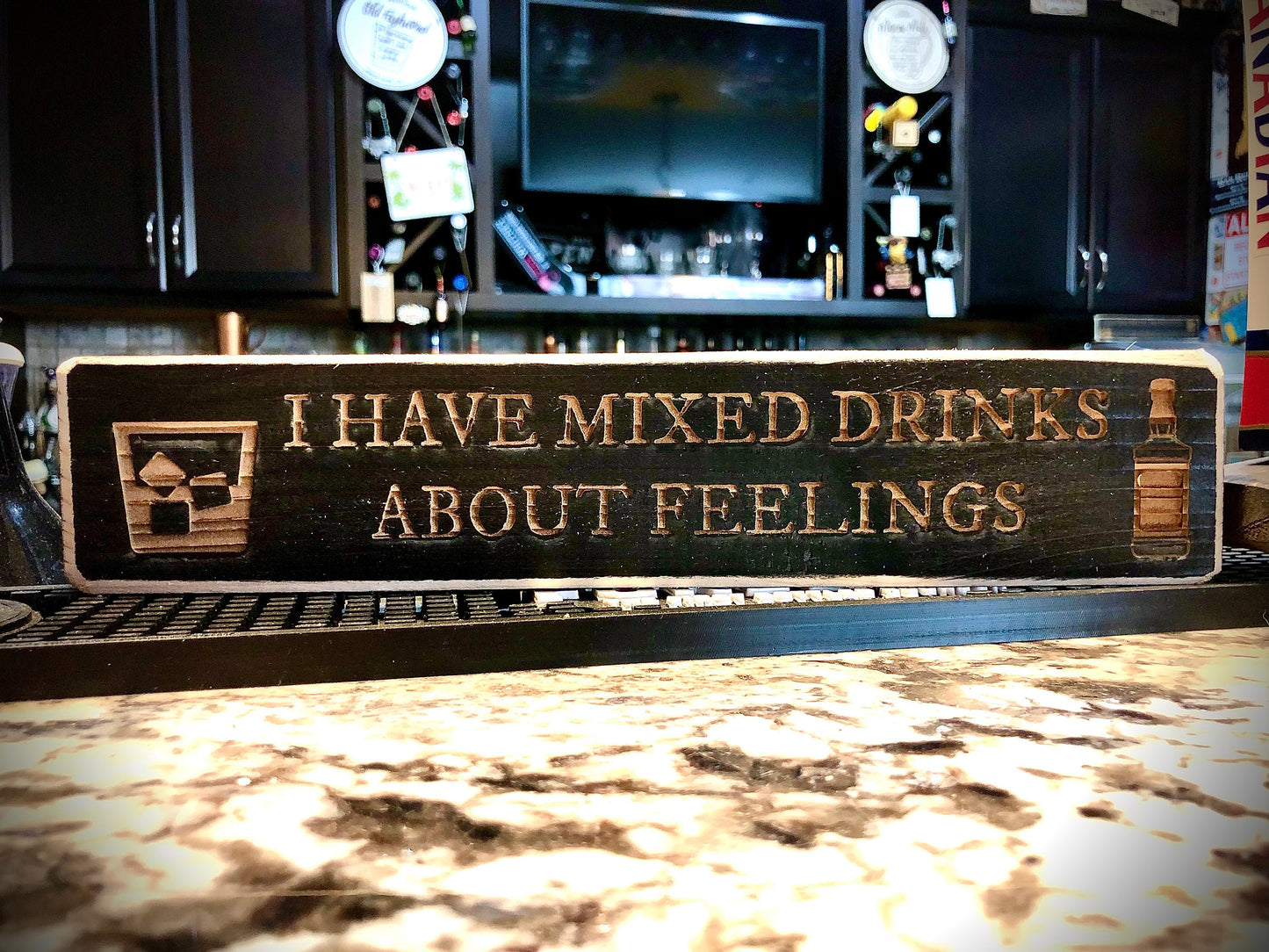 Funny Wood Bar Sign | "I Have Mixed Drinks About Feelings"
